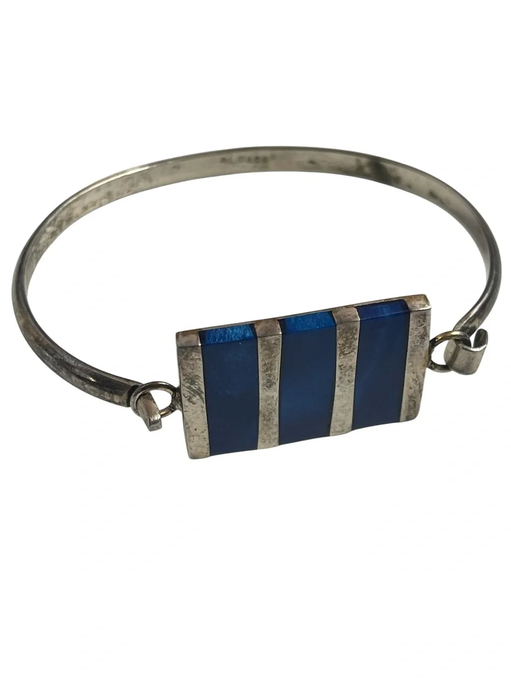 Alpaca Mexico Lapis Lazuli Inlay Hinged Bangle Bracelet Blue Stone 7.25”